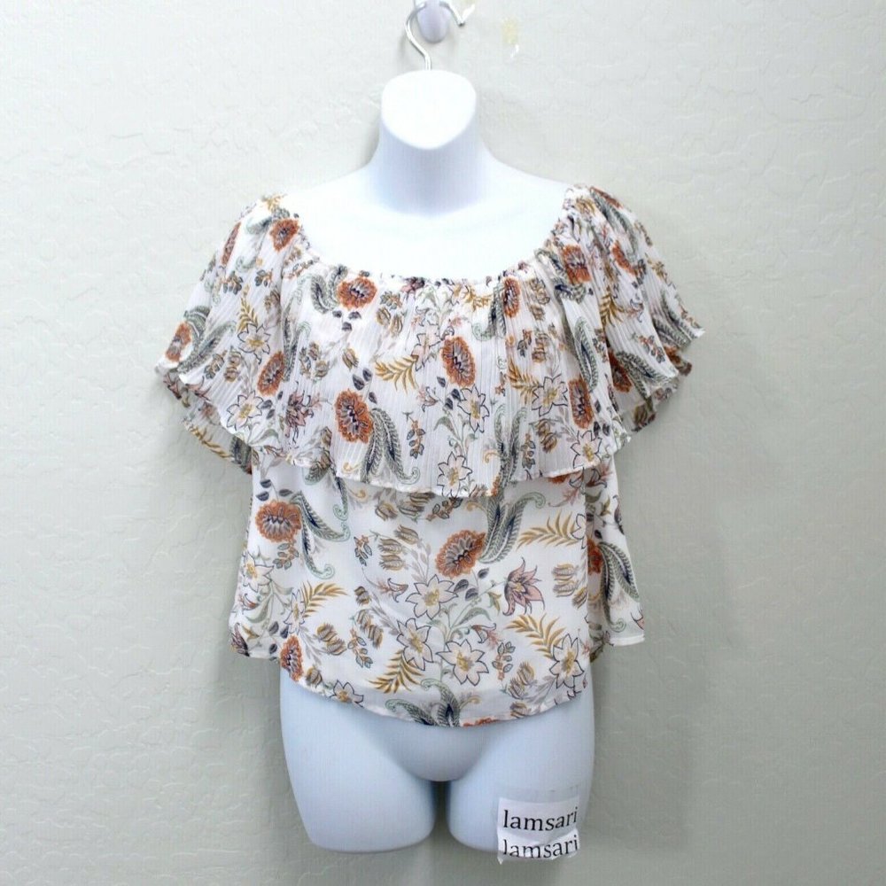 Socialite Floral Overlay Pleated Off Shoulder Top Size S